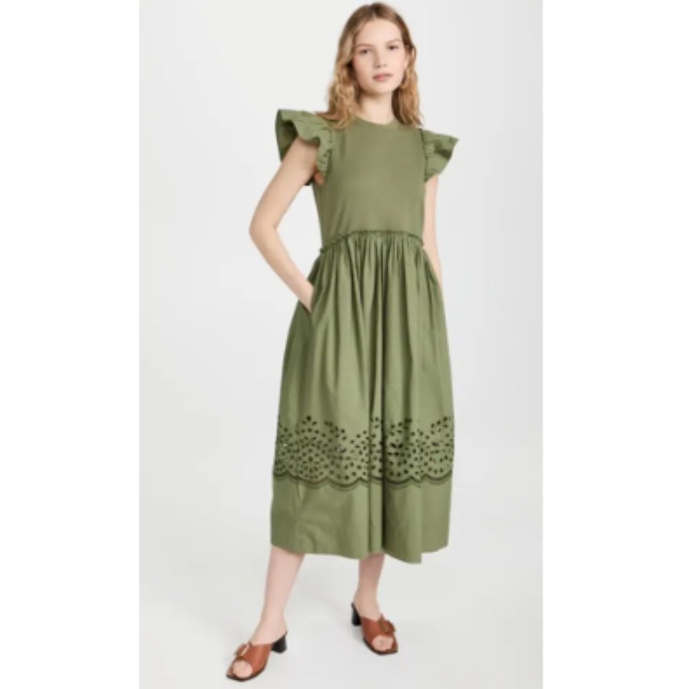 -Tanya Taylor Faye Embroidered Eyelet A-line Midi Dress in Moss Xsmall NWT